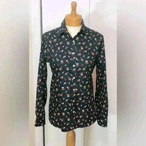 Lands’ End Women Long Sleeve Dark Blue Floral Supima Cotton Button Up Shirt Sz 8